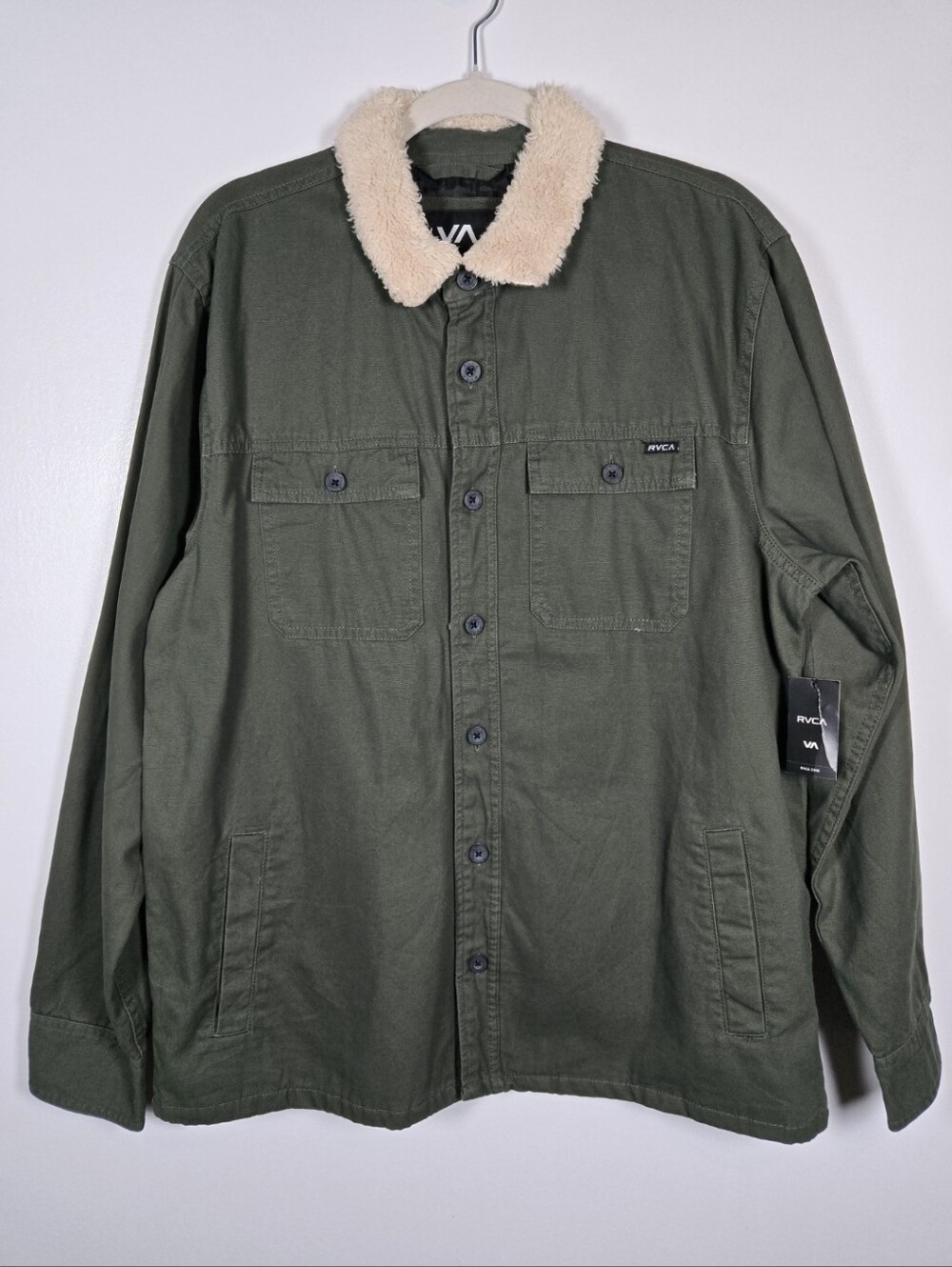 NEW RVCA Olive Army Green Faux Sherpa Collar Range Jacket Shacket Size Large